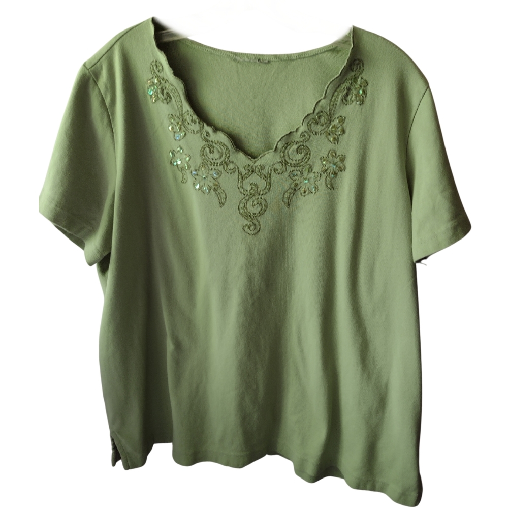 AB)  Olive Green Embroidered Blouse | Women’s Plus Size 24W